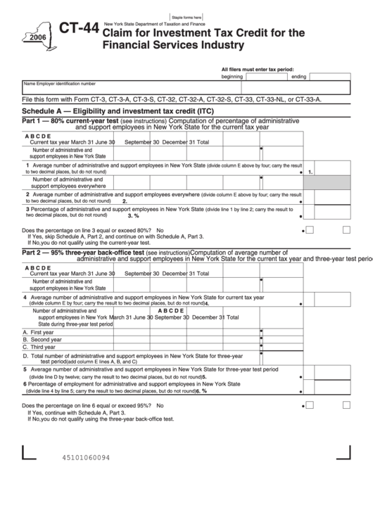 Form Ct-44 - Claim For Investment Tax Credit For The Financial Services Industry - State Of New York Printable pdf