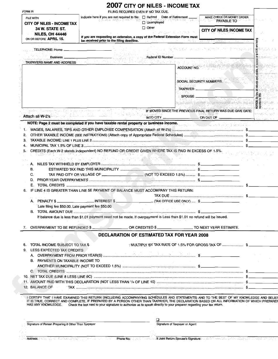 Form Ir - City Of Niles Income Tax Form