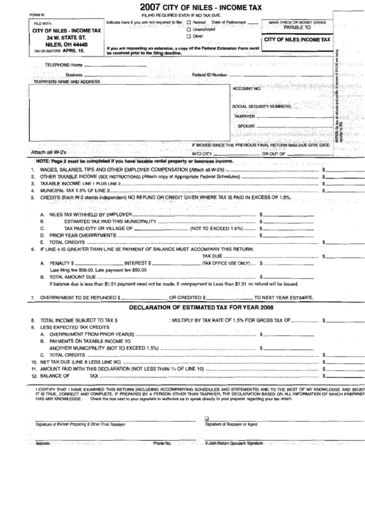 Form Ir - City Of Niles Income Tax Form Printable pdf