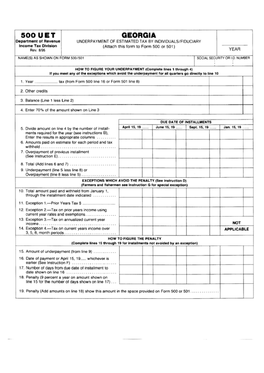 Form 500-Uet - Underpayment Of Estimated Tax By Individuals Printable pdf