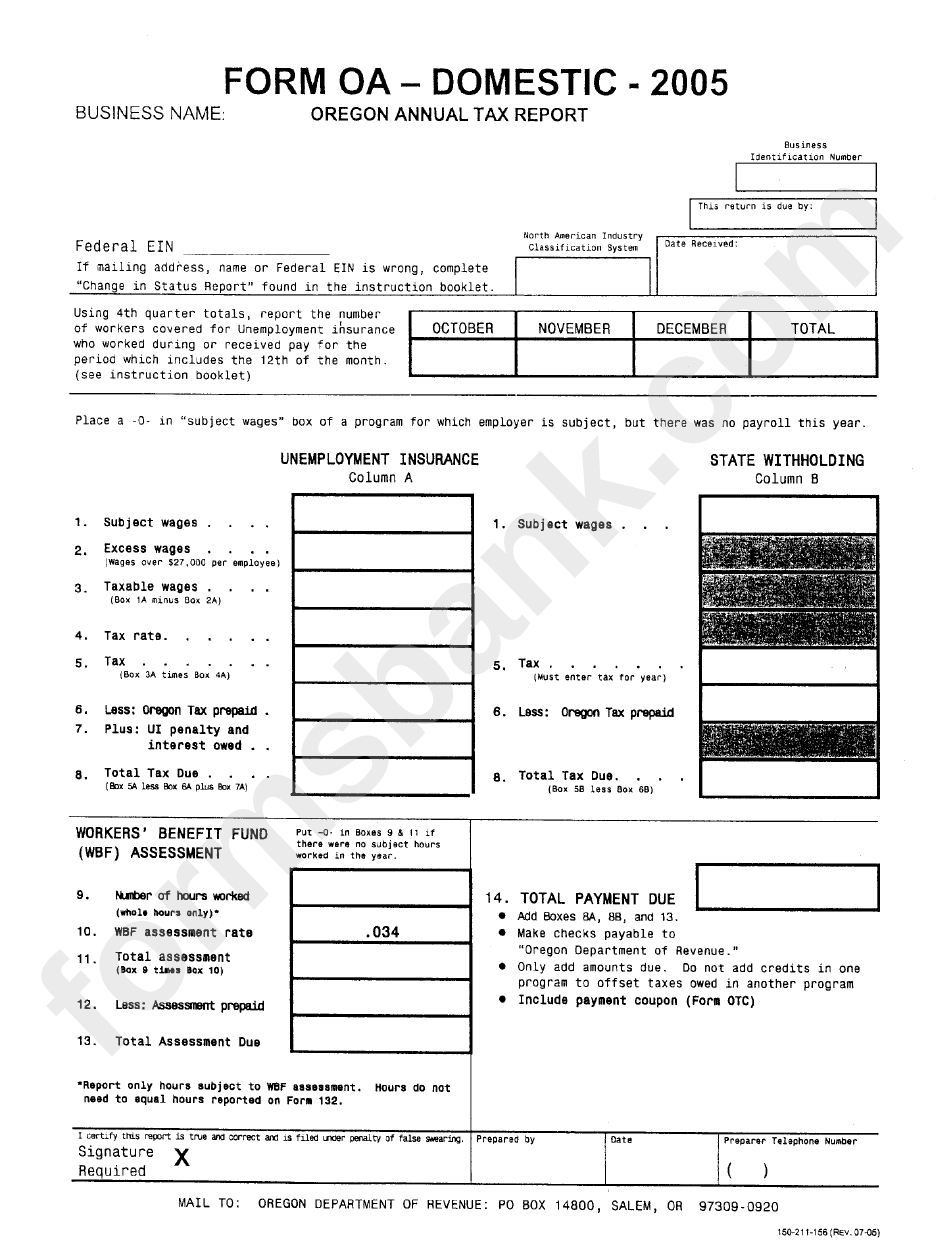 Form Oa - 2005 - Oregon Annual Tax Report - Oregon Departmnt Of Revenue