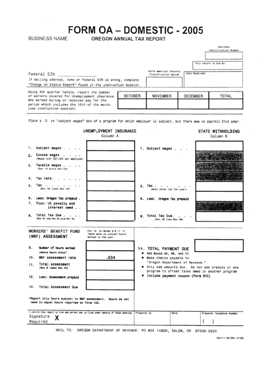 Form Oa - 2005 - Oregon Annual Tax Report - Oregon Departmnt Of Revenue Printable pdf