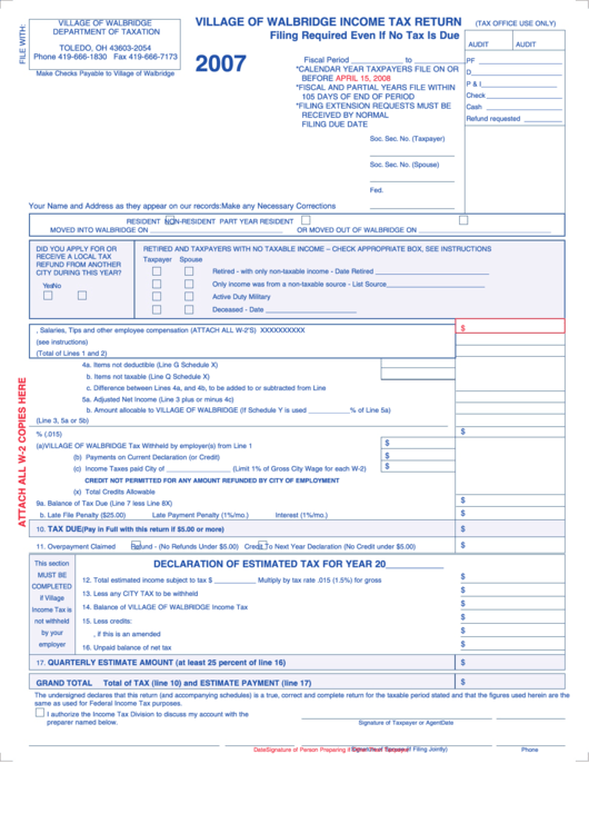 Village Of Walbridge Income Tax Return - 2007 Printable pdf