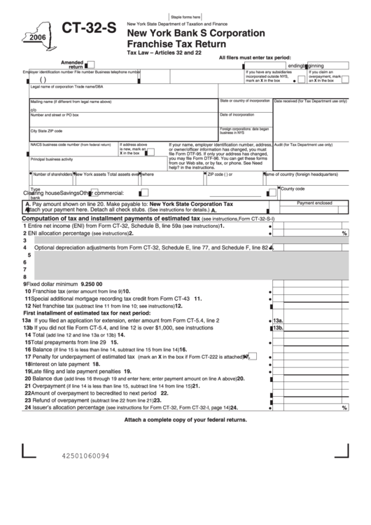 Form Ct-32-S - New York Bank S Corporation Franchise Tax Return Printable pdf