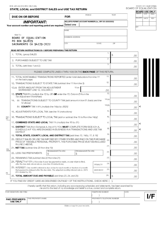 Fillable Form Boe-401-A2 (S1) - 2006 -State, Local And District Sales And Use Tax Return -California Board Of Equalization Printable pdf