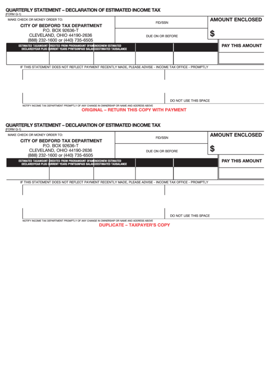 Form Q-1 - Quarterly Statement - Declaration Of Estimated Income Tax - State Of Ohio Printable pdf