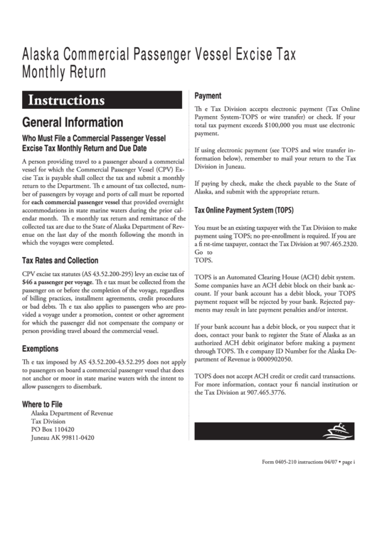 Form 0405-210 - 2007 - Commercial Passenger Vessel Excise Tax Monthly Return -Alaska Department Of Revenue Printable pdf