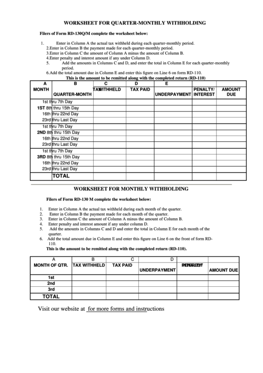 Fillable Form Rd-130q/m - Worksheet For Quarter-Monthly Withholding - State Of Missouri Printable pdf