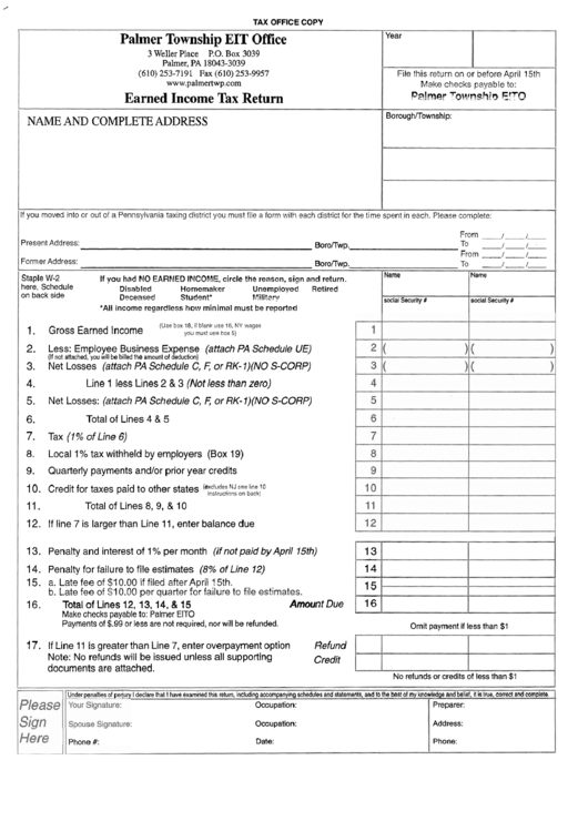 Earned Income Tax Return Form - Palmer Township Eit Office Printable pdf