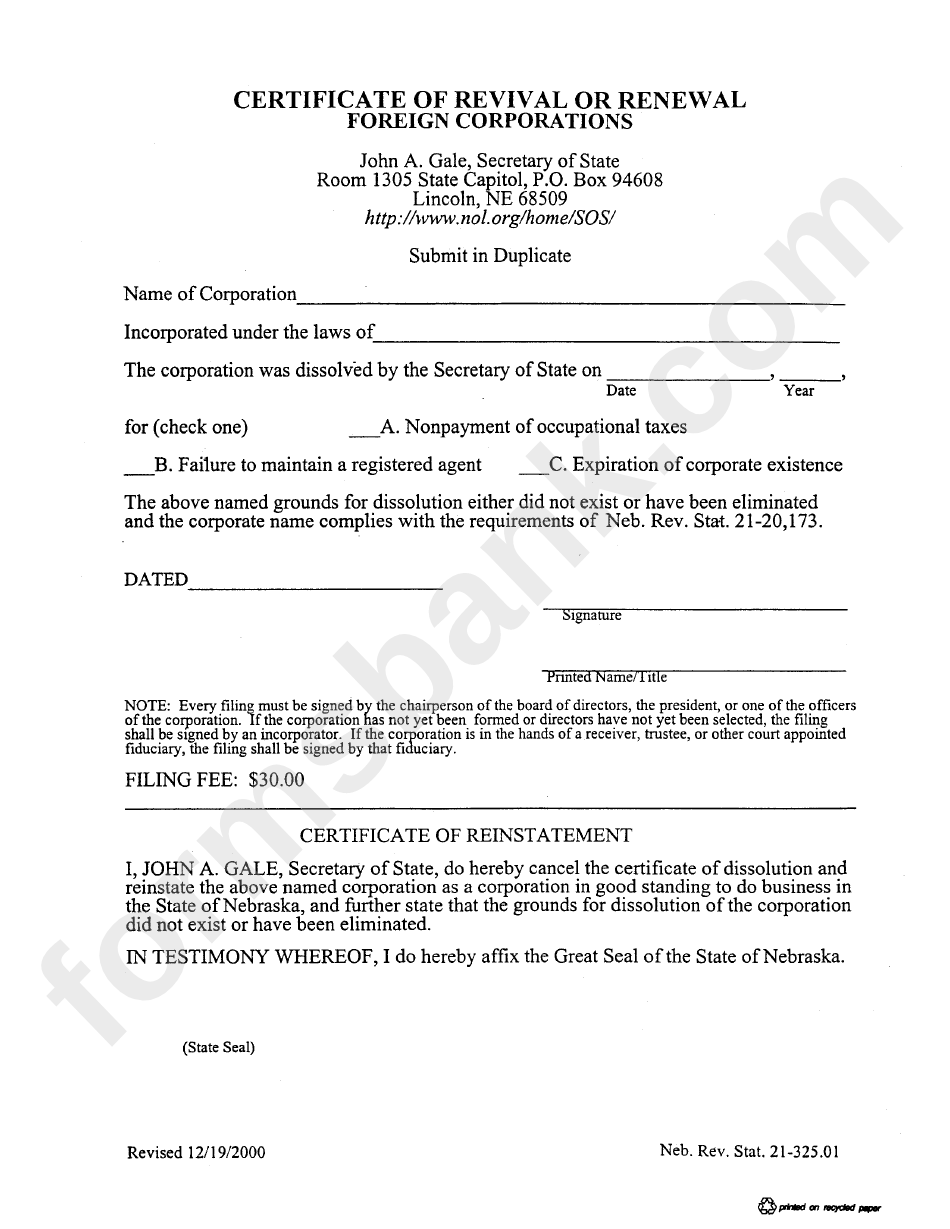 Form 21-325.01 - Certificate Of Revival Or Renewal Foreign Corporations December 2000