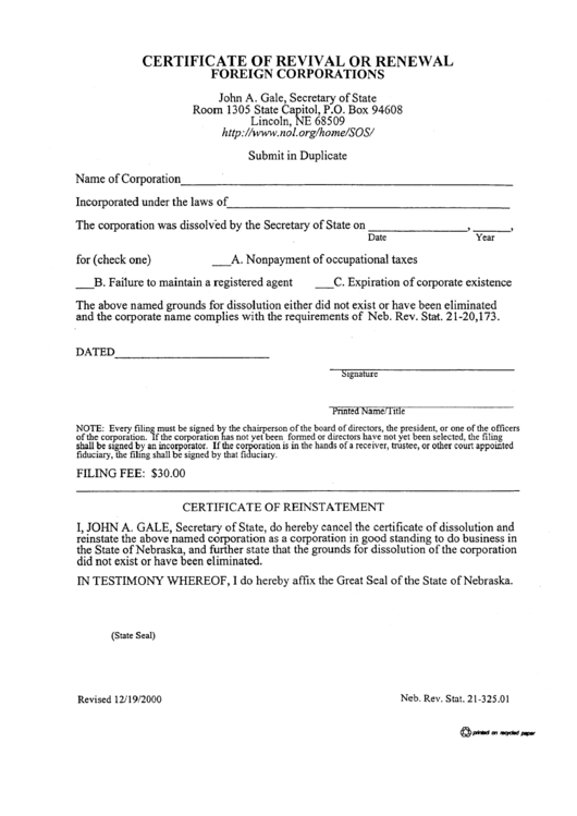 Form 21-325.01 - Certificate Of Revival Or Renewal Foreign Corporations December 2000 Printable pdf