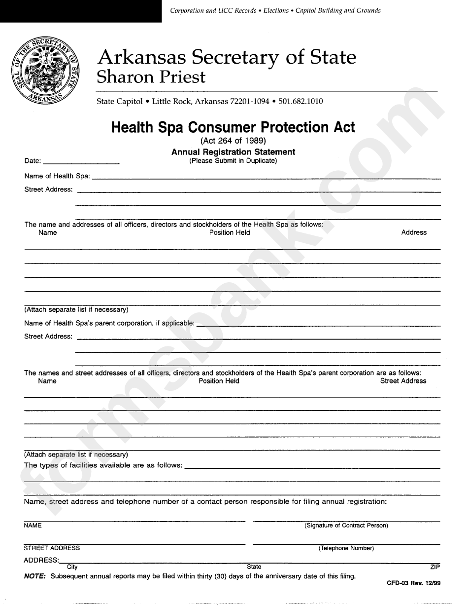 Form Cfd-03 - Health Spa Consumer Protection Act December 1999
