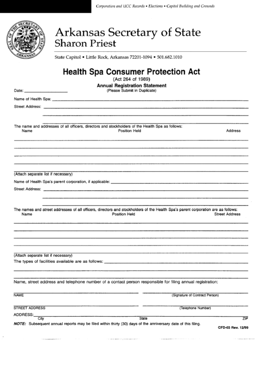 Form Cfd-03 - Health Spa Consumer Protection Act December 1999 Printable pdf