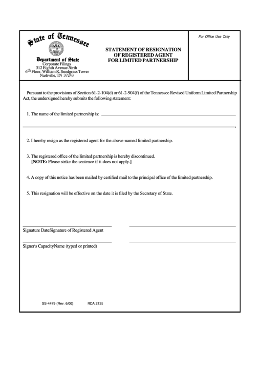 Form Ss-4479 - Statement Of Resignation Of Registered Agent For Limited Partnership June 2000 Printable pdf