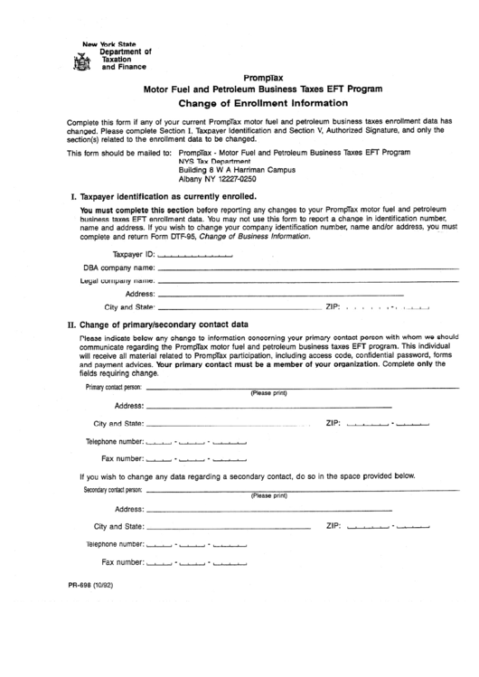 Fillable Form-698 - Motor Fuel Petroleum Business Taxes Eft Program Change Of Enrollment Information October 1992 Printable pdf