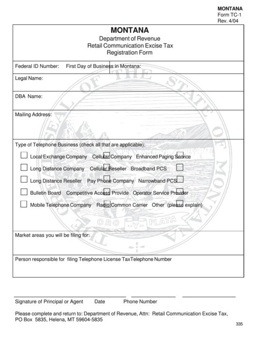 Fillable Form Tc-1 - Retail Communication Excise Tax Registration Form April 2004 Printable pdf