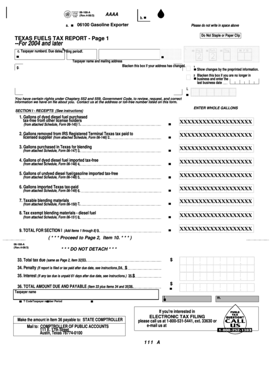 Fillable Form 06-168 - Texas Fuels Tax Report 2004 Printable pdf