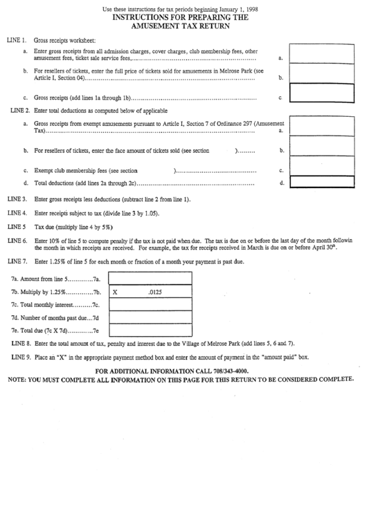 Instructions For Preparing The Amusement Tax Return Form - Village Of Melrose Park Printable pdf