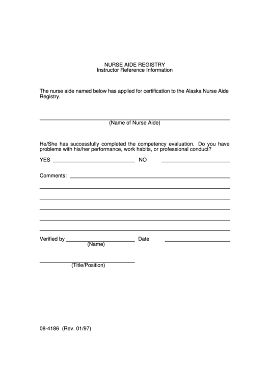 Form 08-4186 - Instructor Reference Information - Alaska Nurse Aide Registry Printable pdf
