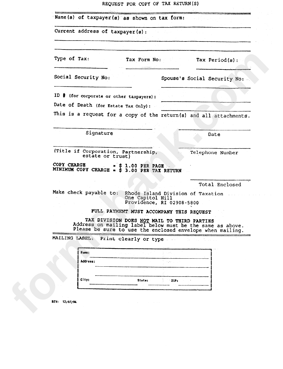 Request For Copy Of Tax Return(S) Form