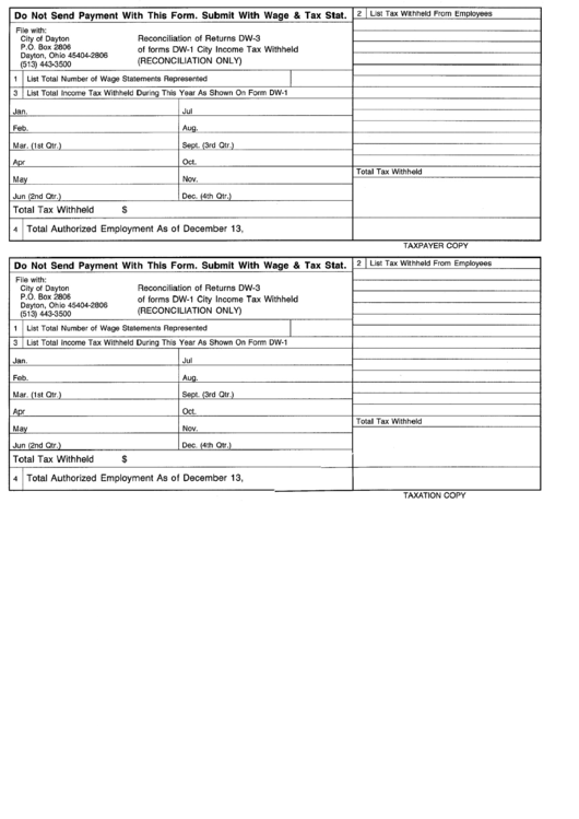 Reconciliation Of Returns Dw-3 Of Forms Dw-1 City Income Tax Withheld - City Of Dayton Printable pdf