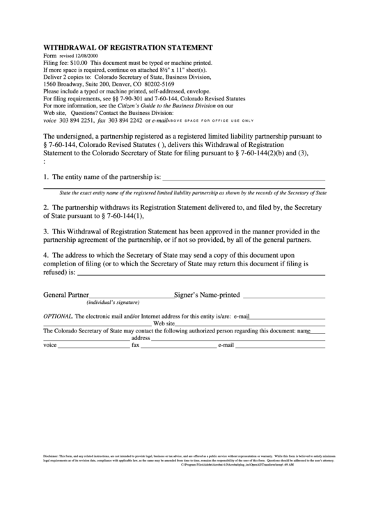 Withdrawal Of Registration Statement Form Printable pdf