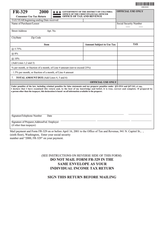 Form Fr-329 - Consumer Use Tax Return - 2000 Printable pdf