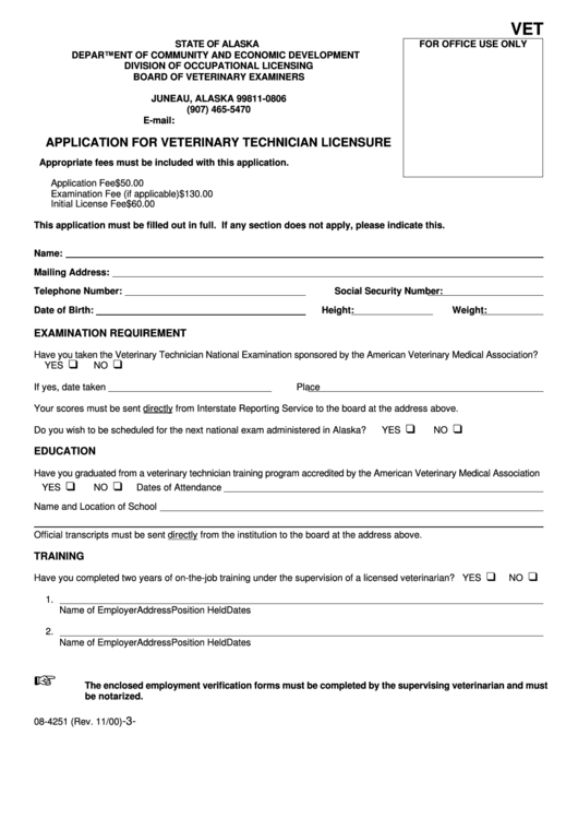 Form 08-4251 - Application For Veterinary Technician Licensure - Department Of Community And Economic Development Printable pdf