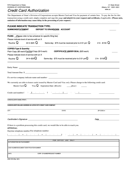 Fillable Form Dos-1515 - Credit Card Authorization Printable pdf