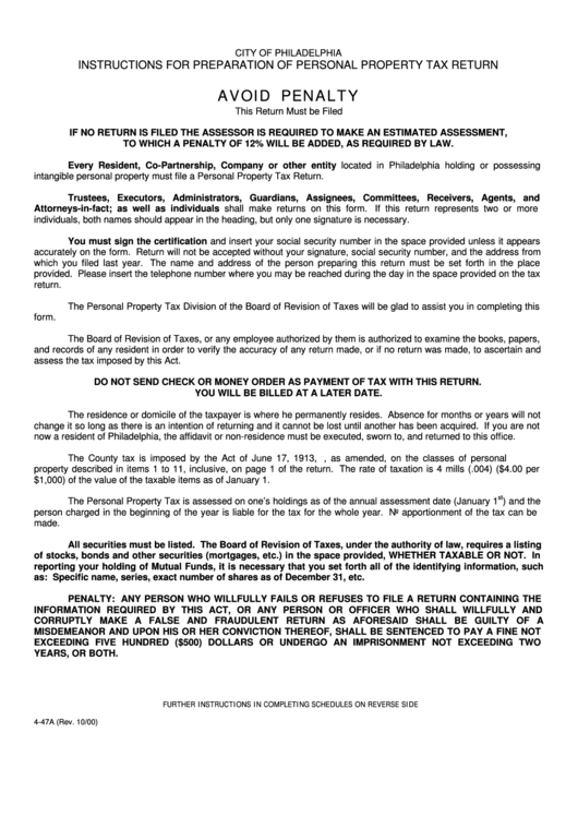Instructions For Preparation Of Personal Property Tax Return Form - City Of Philadelphia, Pennsylvania Printable pdf