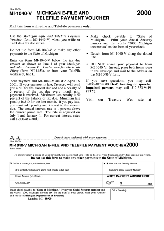 Form Mi-1040 - Michigan E-File And Telefile Payment Voucher - 2000 Printable pdf
