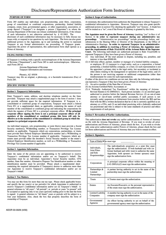 Disclosure/representation Authorization Form Instructions Printable pdf