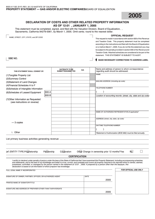 Fillable Form Boe-517-Ge (S1f) - Property Statement - Gas And/or Electric Companies - California Board Of Equalization - 2005 Printable pdf