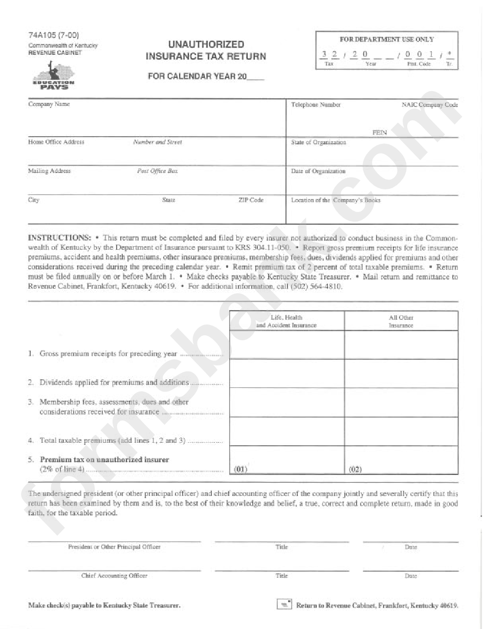 Unauthorized Insurance Tax Return Form Commonwealth Of Kentucky