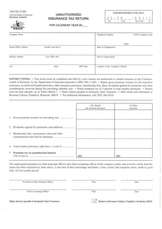 Unauthorized Insurance Tax Return Form - Commonwealth Of Kentucky Printable pdf