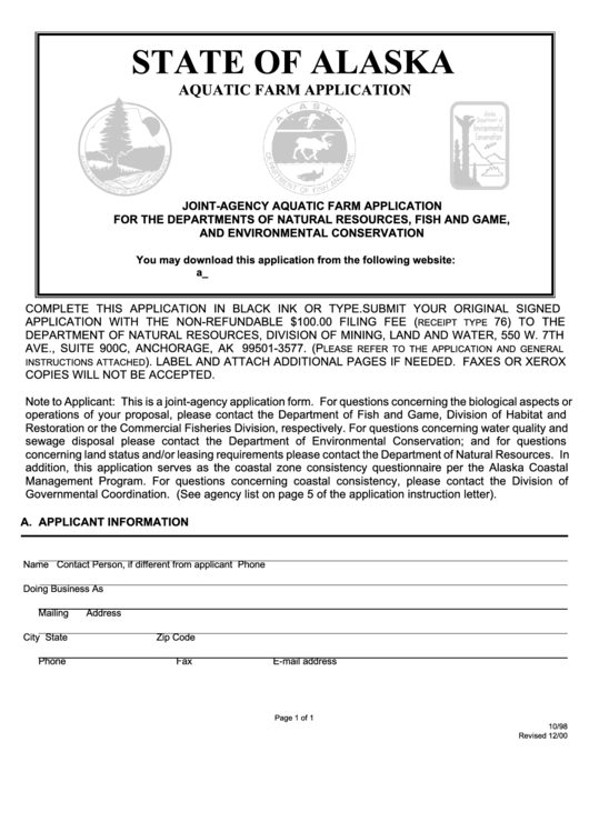 Aquatic Farm Application Form - State Of Alaska Printable pdf