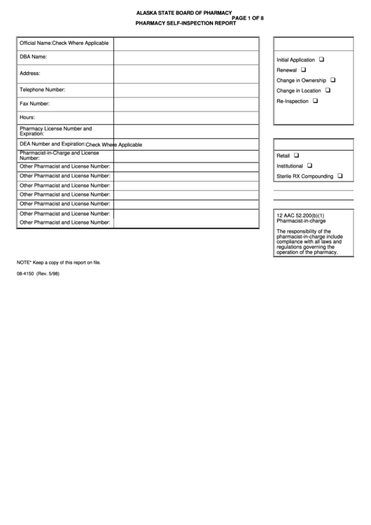Form 08-4150 - Pharmacy Self-Inspection Report - Alaska State Board Of Pharmacy Printable pdf