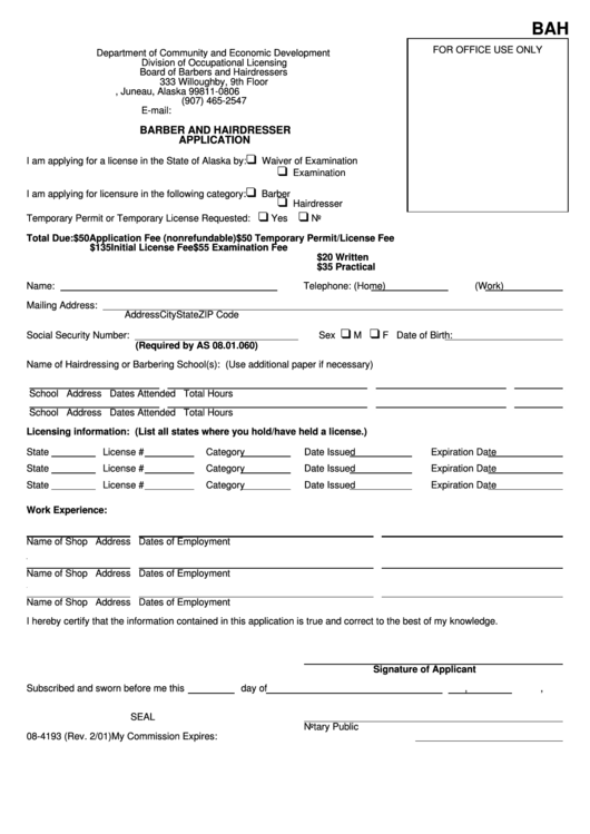 Form Bah - Barber And Hairdresser Application - Alaska Department Of Community And Economic Development Printable pdf