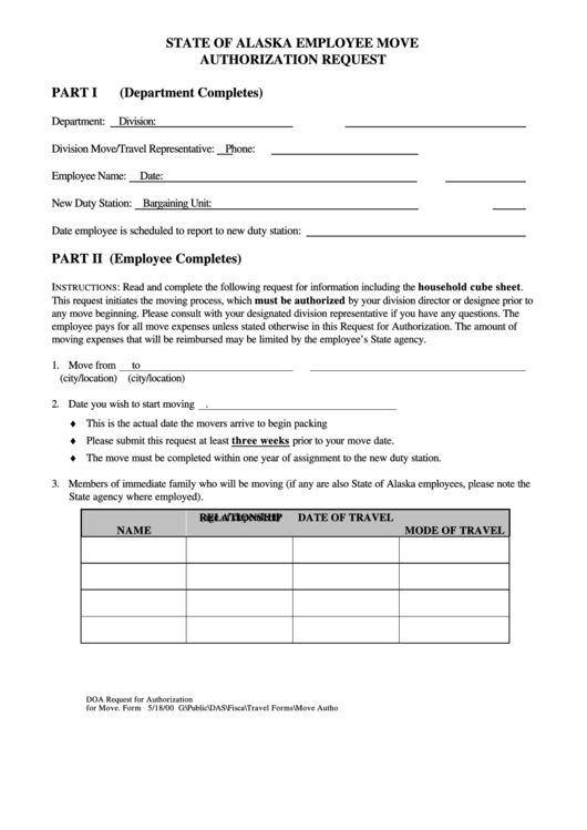 State Of Alaska Employee Move Authorization Request Form Printable pdf