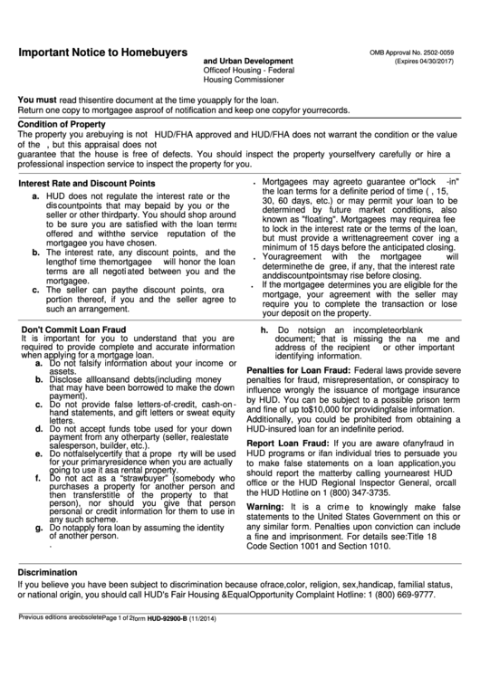 Form Hud-92900-B - Important Notice To Homebuyers Printable pdf
