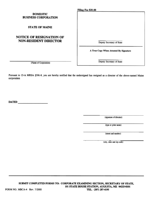 Form Mbca-4 - Notice Of Resignation Of Non-Resident Director - Maine Secretary Of State Printable pdf