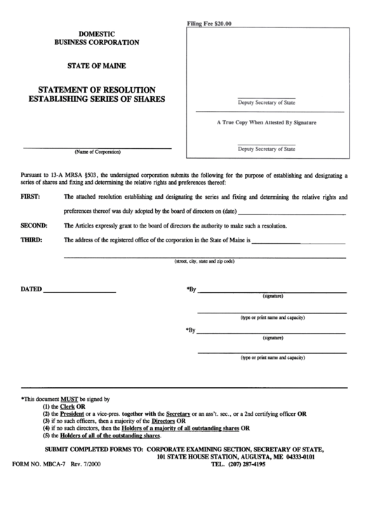 Form Mbca-7 - Statement Of Resolution Establishing Series Of Shares - Maine Secretary Of State Printable pdf