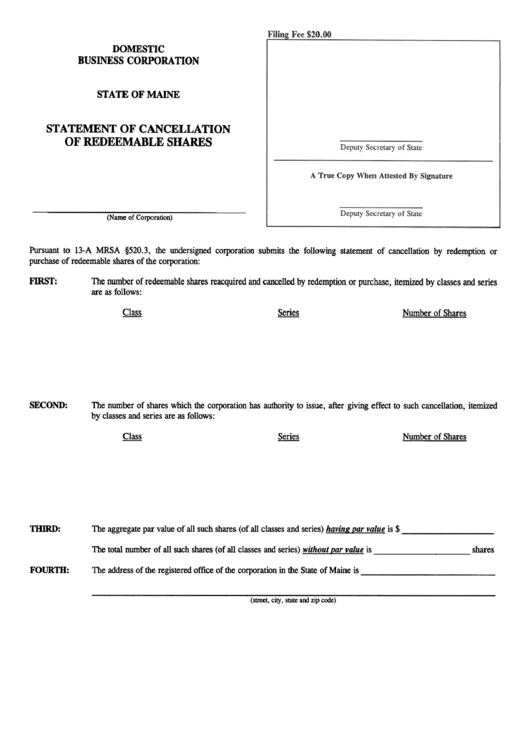 Form Mbca-8 - Statement Of Cancellation Of Redeemable Shares - Maine Secretary Of State Printable pdf