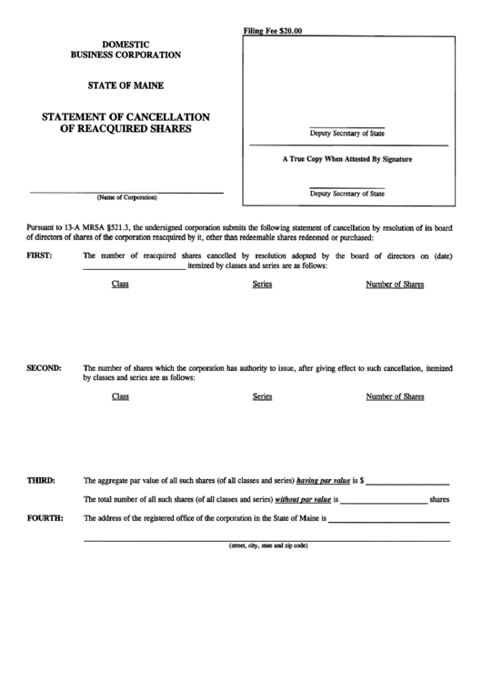 Form Mbca-8a - Statement Of Cancellation Of Reacquired Shares - Maine Secretary Of State Printable pdf