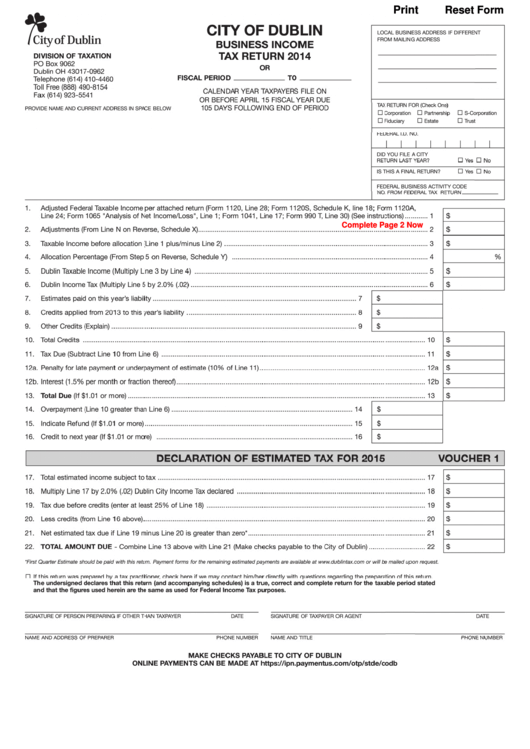 Fillable Business Income Tax Return Form 2014 - City Of Dublin Printable pdf