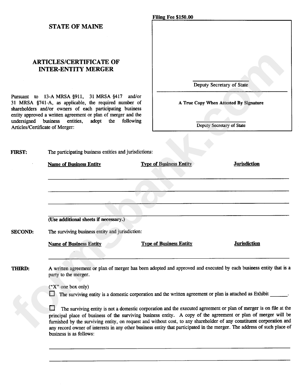 Form Merg - Articles/certificate Of Inter-Entity Merger - Maine Secretary Of State