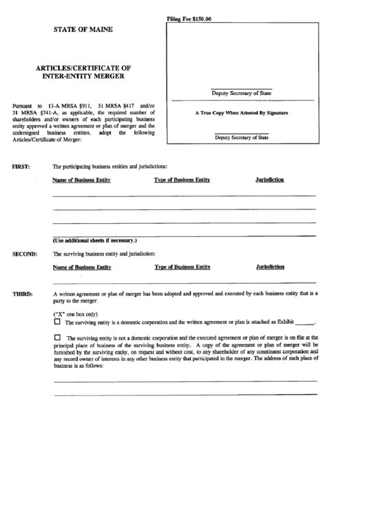 Form Merg - Articles/certificate Of Inter-Entity Merger - Maine Secretary Of State Printable pdf
