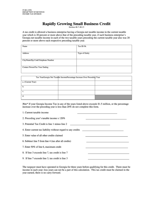 Form It-Rg - Rapidly Growing Small Business Credit - Georgia Department Of Revenue Printable pdf