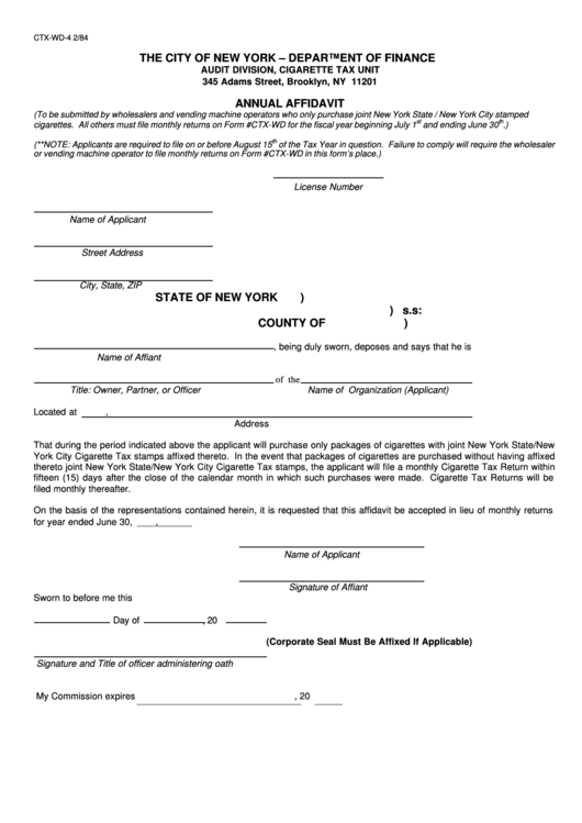 Fillable Form Ctx-Wd-4 - Annual Affidavit - The City Of New York - Department Of Finance Printable pdf