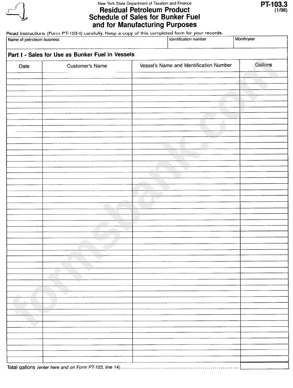 Form Pt-103.3 - Residual Petroleum Product Schedule Of Sales For Bunker Fuel And For Manufacturing Purposes